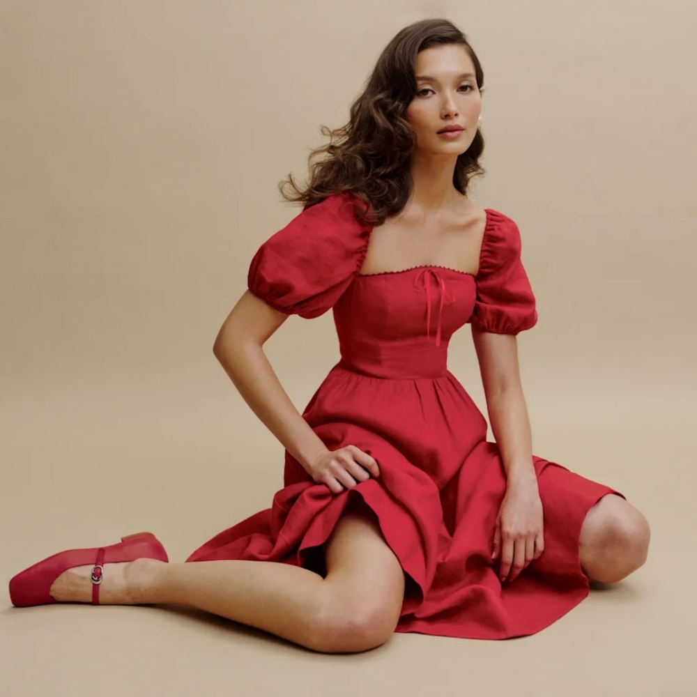 Reformation Marella Linen Dress Red - Size 8